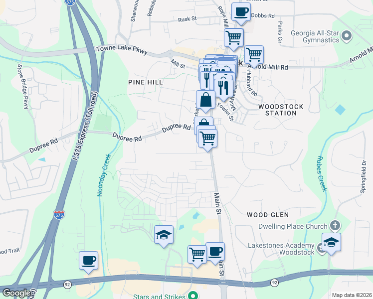 map of restaurants, bars, coffee shops, grocery stores, and more near 108 Barnesdale Terrace in Woodstock