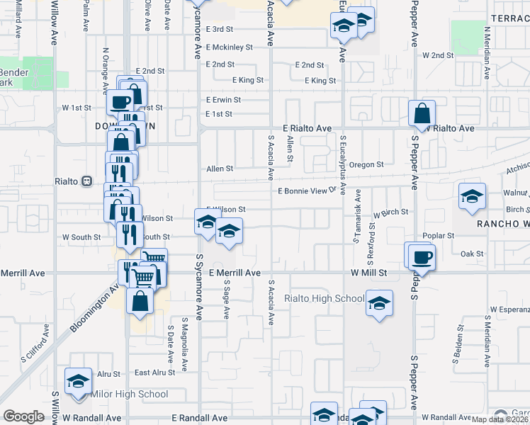 map of restaurants, bars, coffee shops, grocery stores, and more near 455 East Wilson Street in Rialto