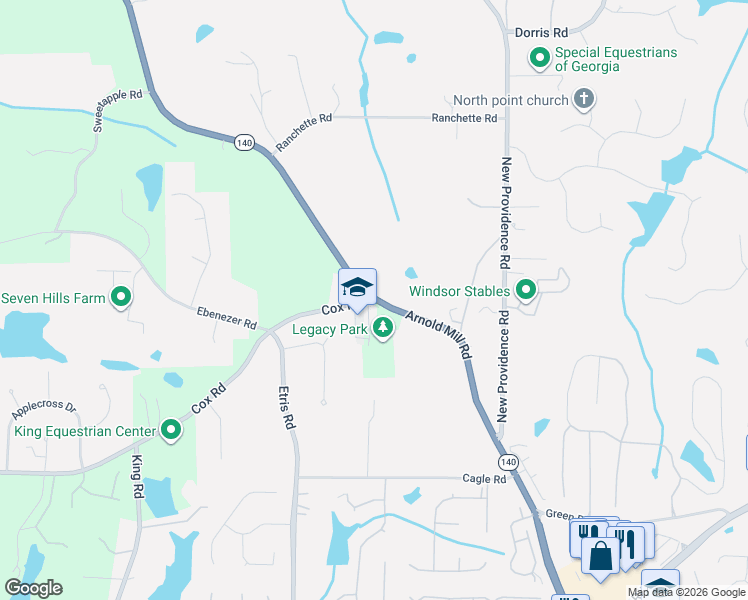 map of restaurants, bars, coffee shops, grocery stores, and more near 200 Cox Road in Roswell