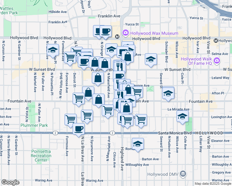 map of restaurants, bars, coffee shops, grocery stores, and more near 1332 North Citrus Avenue in Los Angeles