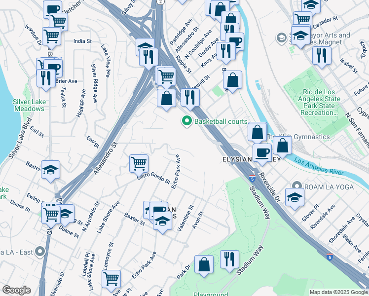 map of restaurants, bars, coffee shops, grocery stores, and more near 1631 Landa Street in Los Angeles
