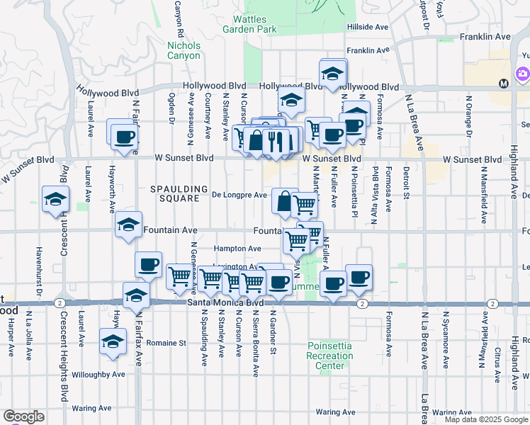 map of restaurants, bars, coffee shops, grocery stores, and more near 1332 North Sierra Bonita Avenue in Los Angeles