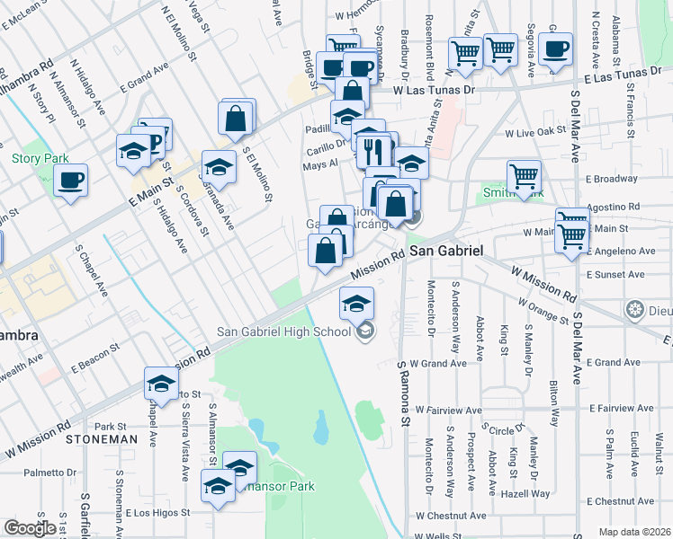 map of restaurants, bars, coffee shops, grocery stores, and more near 826 West Santa Anita Street in San Gabriel