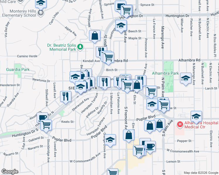 map of restaurants, bars, coffee shops, grocery stores, and more near 2834 West Main Street in Alhambra