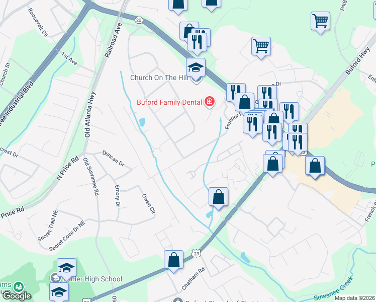 map of restaurants, bars, coffee shops, grocery stores, and more near 1312 Frontier Drive in Sugar Hill