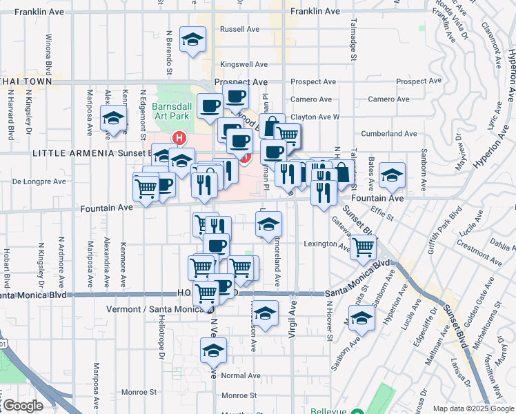 map of restaurants, bars, coffee shops, grocery stores, and more near 1266 Lyman Place in Los Angeles