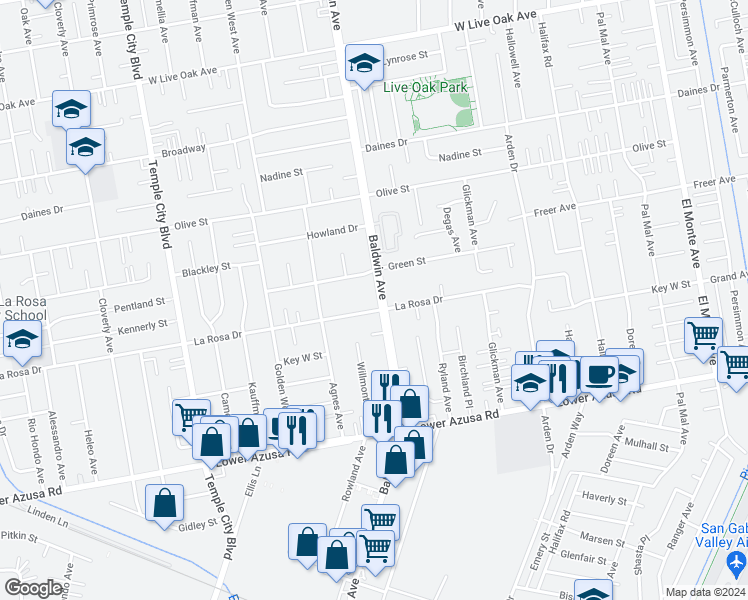 map of restaurants, bars, coffee shops, grocery stores, and more near 5109 Baldwin Avenue in Temple City
