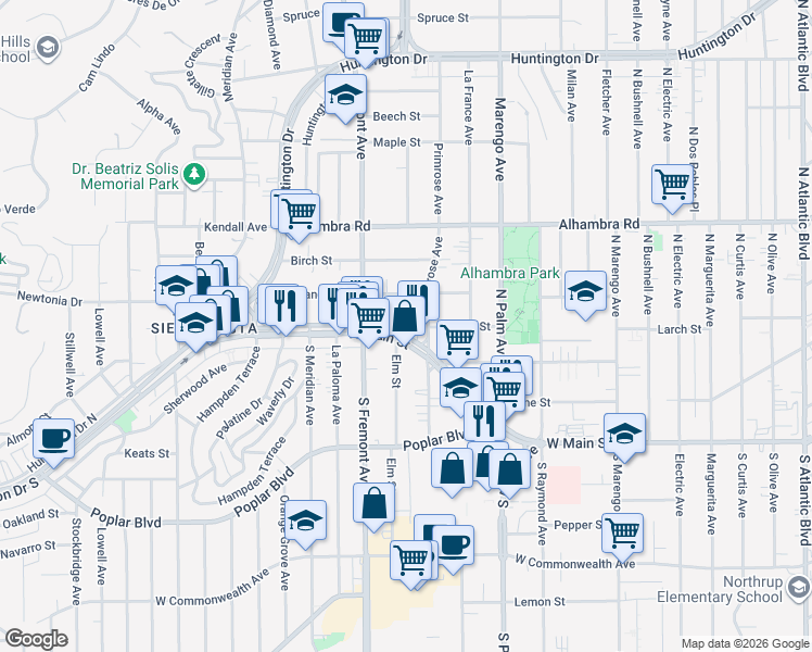 map of restaurants, bars, coffee shops, grocery stores, and more near 2427 West Main Street in Alhambra