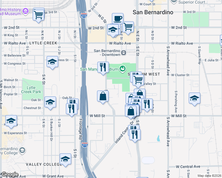 map of restaurants, bars, coffee shops, grocery stores, and more near West Velarde Street in San Bernardino
