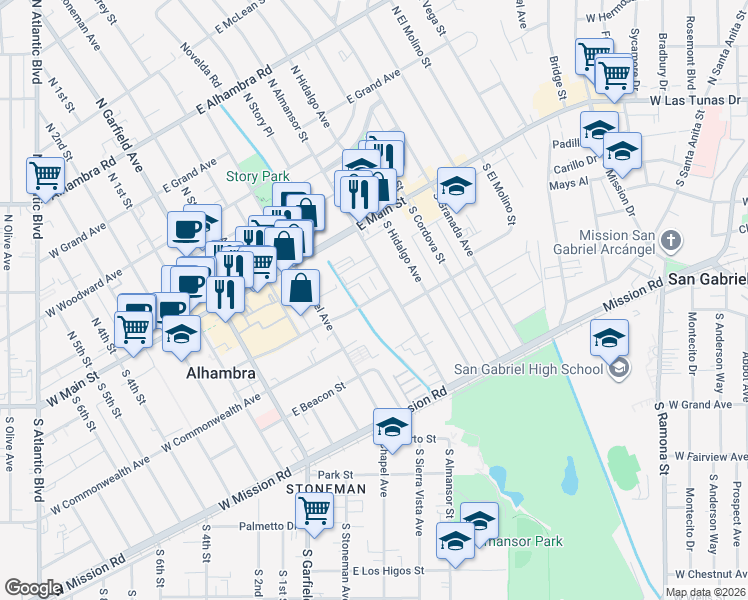 map of restaurants, bars, coffee shops, grocery stores, and more near 200 East Bay State Street in Alhambra