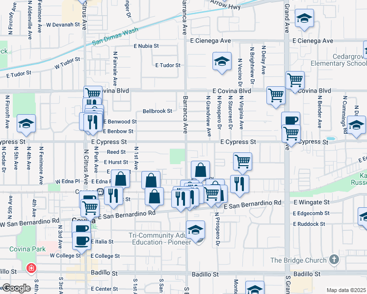 map of restaurants, bars, coffee shops, grocery stores, and more near 851 Barranca Avenue in Covina