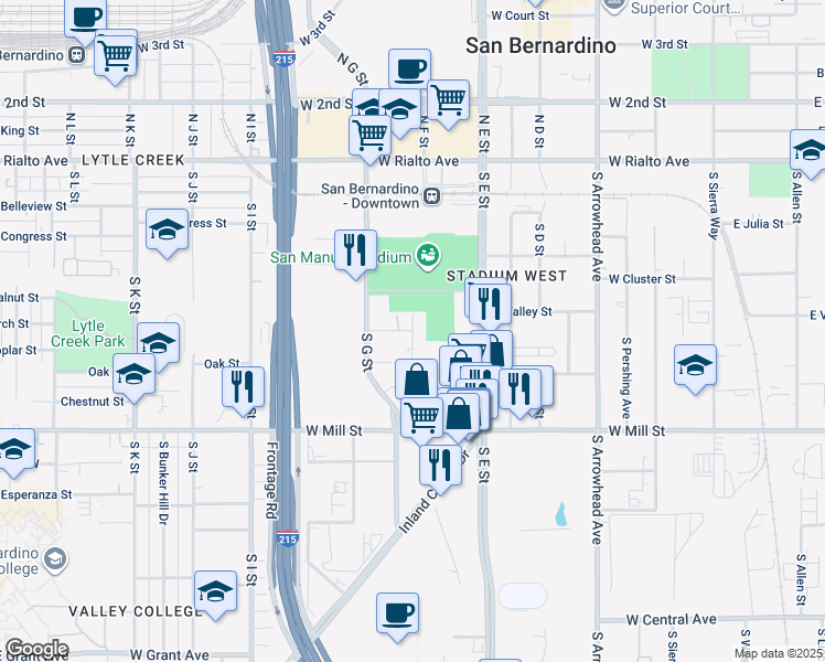 map of restaurants, bars, coffee shops, grocery stores, and more near West Velarde Street in San Bernardino