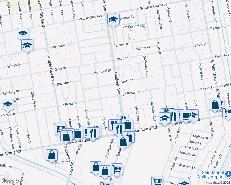 map of restaurants, bars, coffee shops, grocery stores, and more near 5109 Baldwin Avenue in Temple City