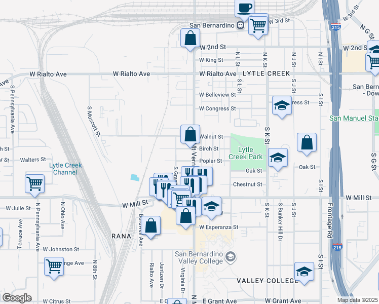 map of restaurants, bars, coffee shops, grocery stores, and more near 342 South Mount Vernon Avenue in San Bernardino