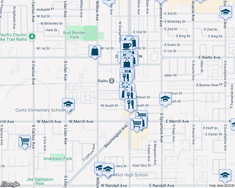 map of restaurants, bars, coffee shops, grocery stores, and more near 170 West Wilson Street in Rialto