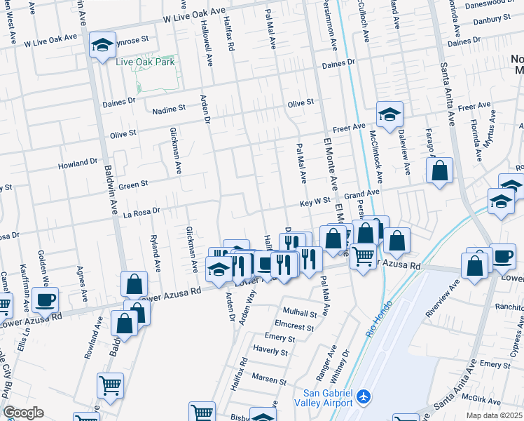map of restaurants, bars, coffee shops, grocery stores, and more near Halifax Road in Temple City