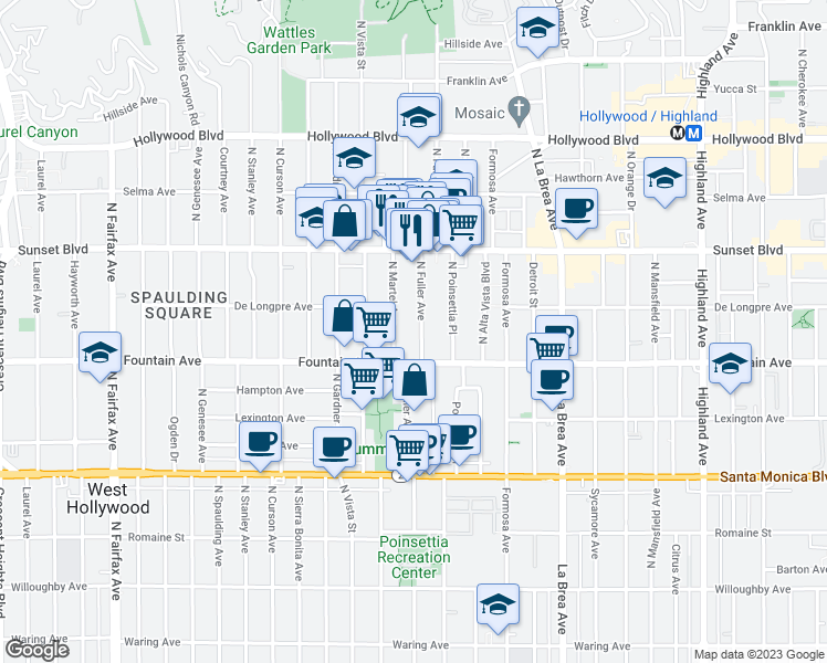 map of restaurants, bars, coffee shops, grocery stores, and more near 1333 North Fuller Avenue in Los Angeles
