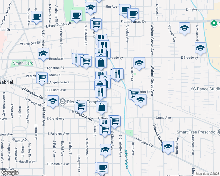 map of restaurants, bars, coffee shops, grocery stores, and more near 822 Santa Fe Avenue in San Gabriel