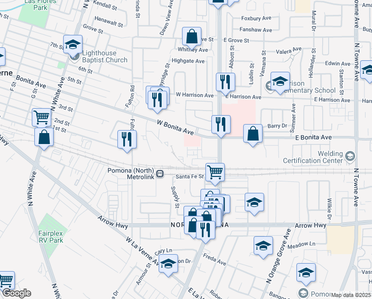 map of restaurants, bars, coffee shops, grocery stores, and more near 2726 Crozier Court in Pomona