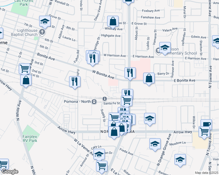 map of restaurants, bars, coffee shops, grocery stores, and more near 2726 Crozier Court in Pomona