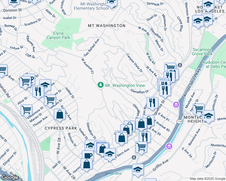 map of restaurants, bars, coffee shops, grocery stores, and more near 3983 Glenalbyn Drive in Los Angeles