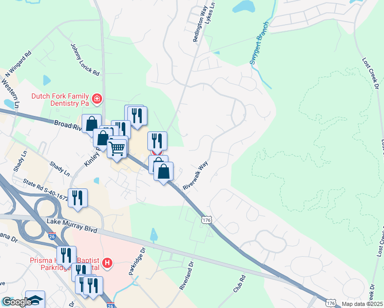 map of restaurants, bars, coffee shops, grocery stores, and more near 129 Bowhill Court in Irmo