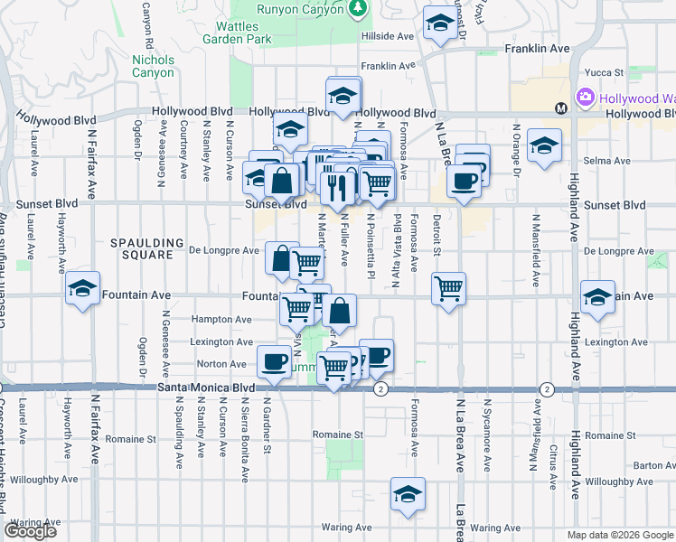 map of restaurants, bars, coffee shops, grocery stores, and more near 1323 North Fuller Avenue in Los Angeles