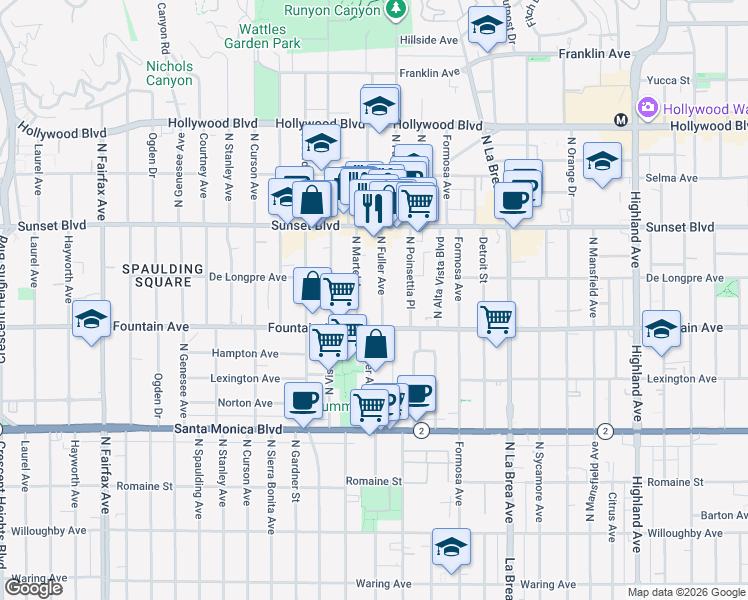 map of restaurants, bars, coffee shops, grocery stores, and more near 1333 North Fuller Avenue in Los Angeles