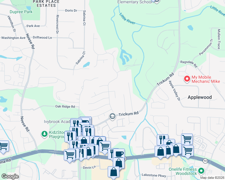 map of restaurants, bars, coffee shops, grocery stores, and more near 633 Dahoma Trail in Woodstock