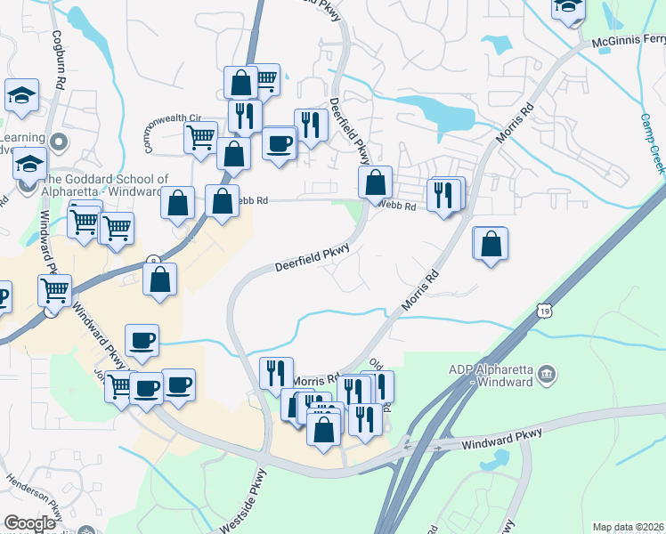 map of restaurants, bars, coffee shops, grocery stores, and more near 3181 Buck Way in Alpharetta