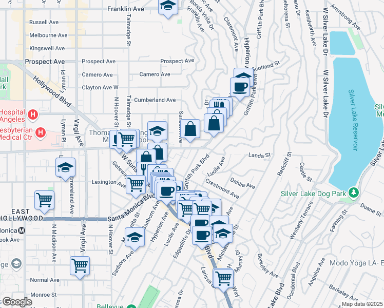 map of restaurants, bars, coffee shops, grocery stores, and more near 1257 Hyperion Avenue in Los Angeles