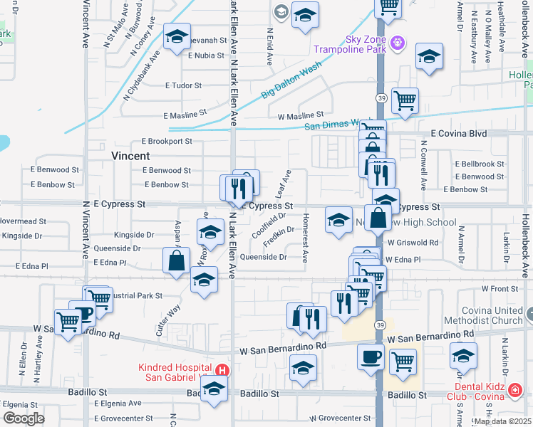 map of restaurants, bars, coffee shops, grocery stores, and more near 17072 East Cypress Street in Covina