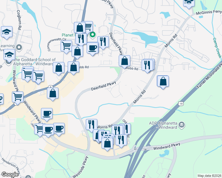 map of restaurants, bars, coffee shops, grocery stores, and more near 3181 Buck Way in Alpharetta