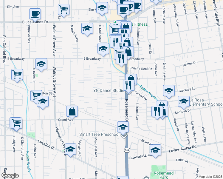 map of restaurants, bars, coffee shops, grocery stores, and more near Acacia Street in East San Gabriel