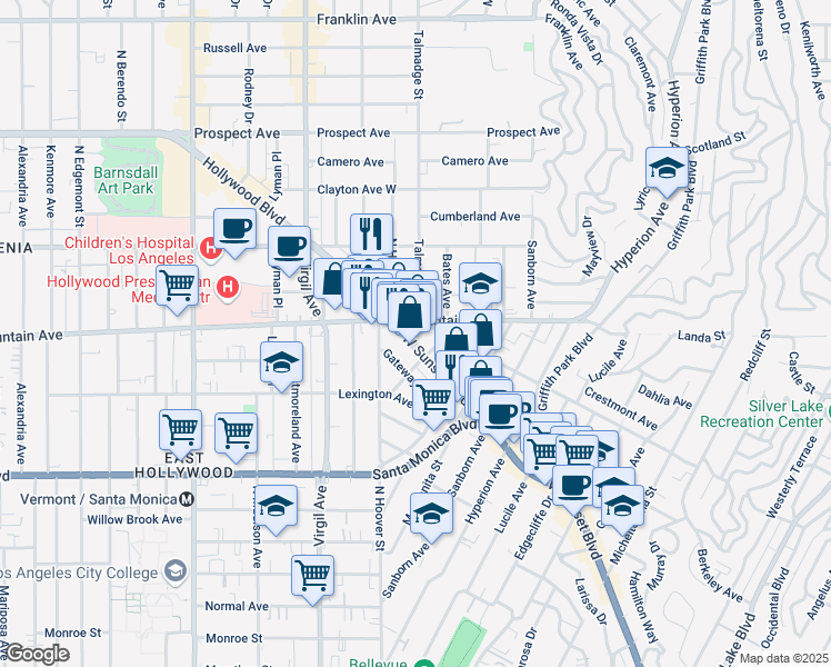 map of restaurants, bars, coffee shops, grocery stores, and more near in Los Angeles