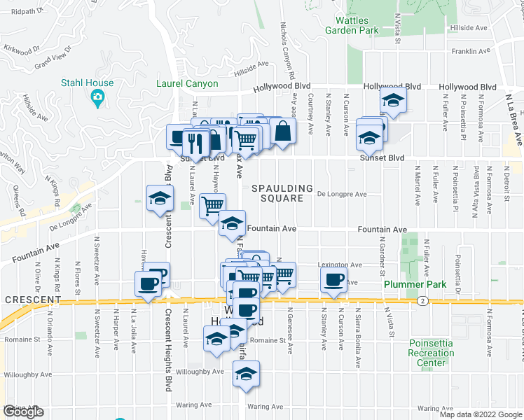 map of restaurants, bars, coffee shops, grocery stores, and more near 1317 North Orange Grove Avenue in West Hollywood