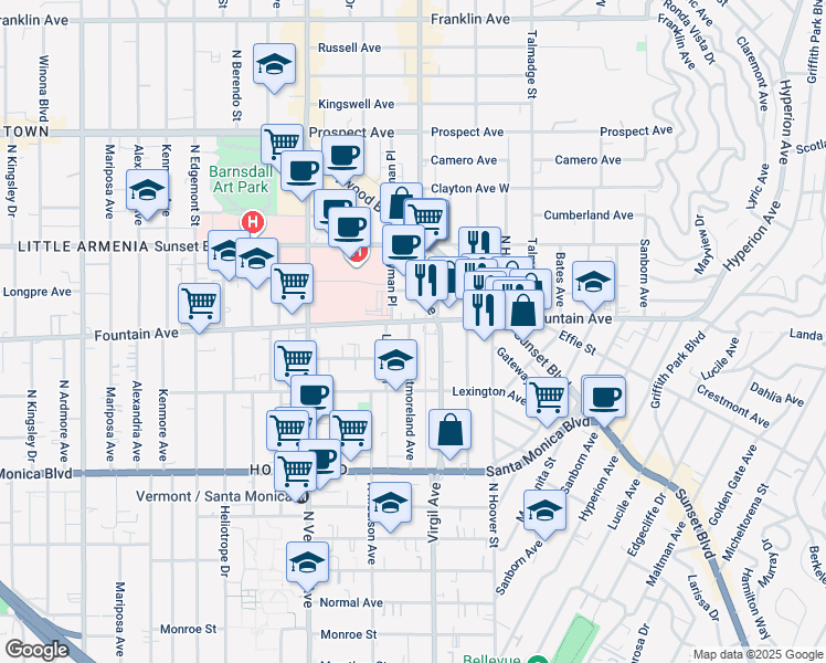 map of restaurants, bars, coffee shops, grocery stores, and more near 1264 North Westmoreland Avenue in Los Angeles