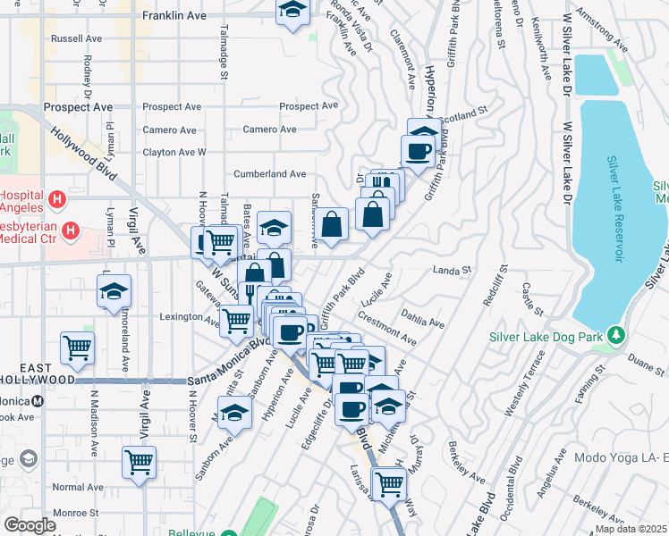 map of restaurants, bars, coffee shops, grocery stores, and more near 1257 Hyperion Avenue in Los Angeles