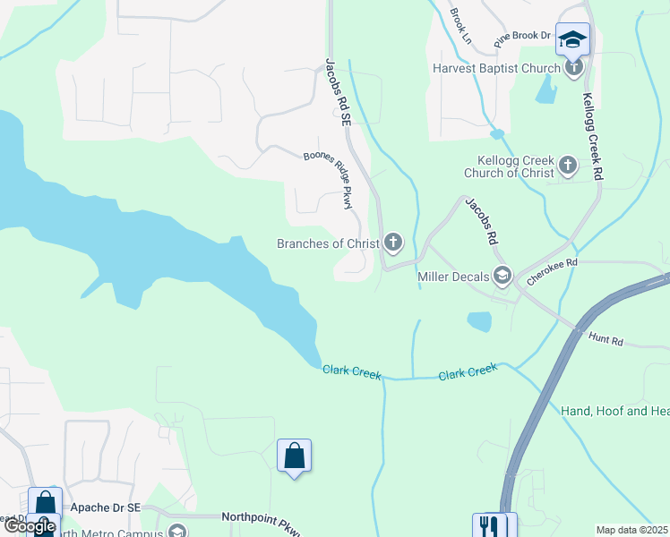 map of restaurants, bars, coffee shops, grocery stores, and more near 156 Boones Ridge Parkway in Acworth