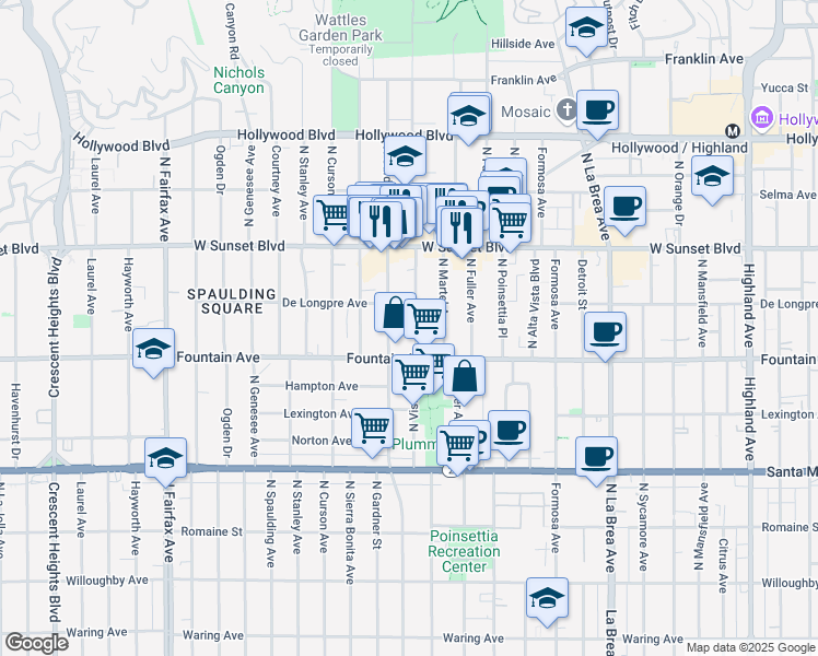 map of restaurants, bars, coffee shops, grocery stores, and more near 1335 North Vista Street in Los Angeles