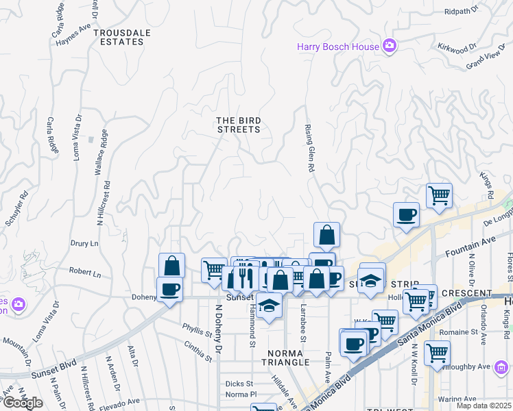 map of restaurants, bars, coffee shops, grocery stores, and more near 1433 Devlin Drive in Los Angeles