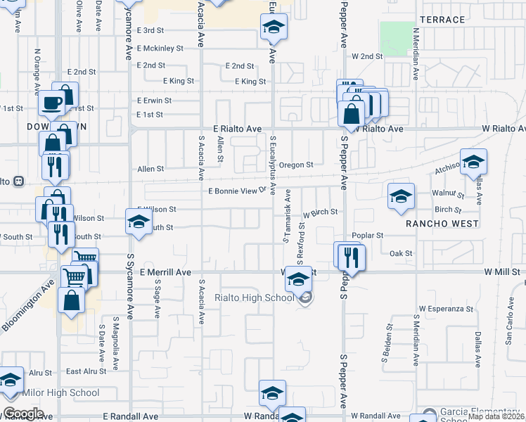 map of restaurants, bars, coffee shops, grocery stores, and more near 358 South Pampas Avenue in Rialto