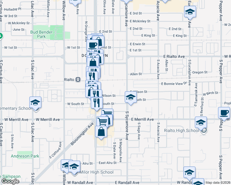map of restaurants, bars, coffee shops, grocery stores, and more near 219 East Wilson Street in Rialto