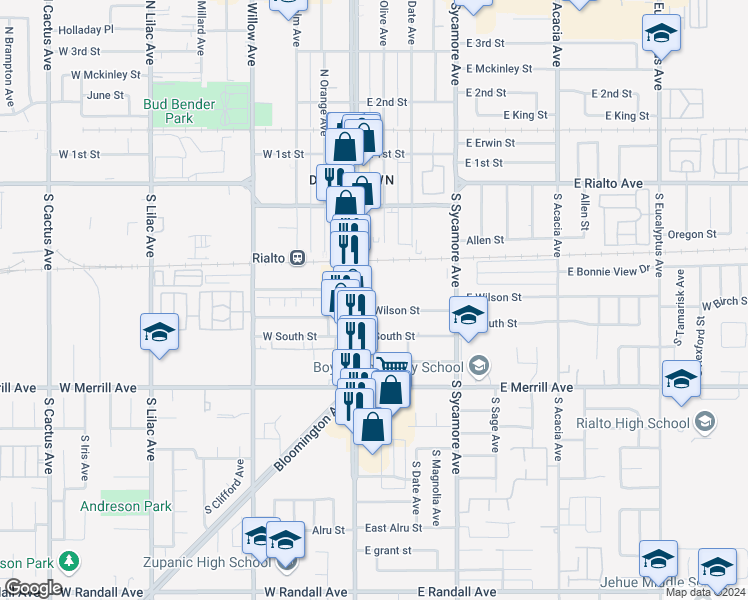 map of restaurants, bars, coffee shops, grocery stores, and more near 132A East Wilson Street in Rialto