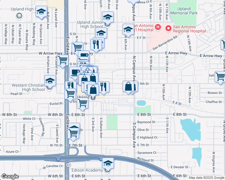 map of restaurants, bars, coffee shops, grocery stores, and more near 401 East A Street in Upland