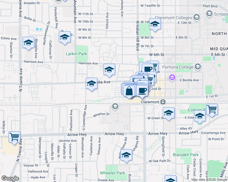 map of restaurants, bars, coffee shops, grocery stores, and more near 616 McKenna Street in Claremont