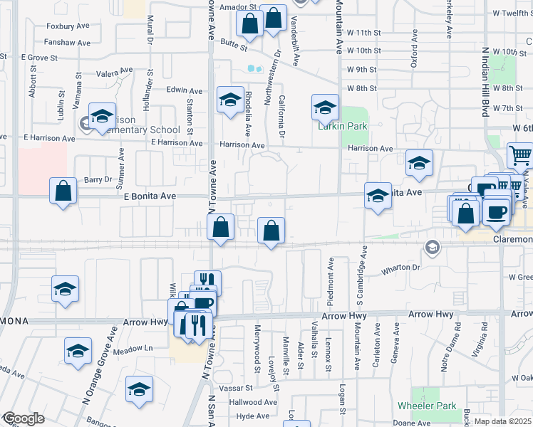 map of restaurants, bars, coffee shops, grocery stores, and more near 960 East Bonita Avenue in Pomona