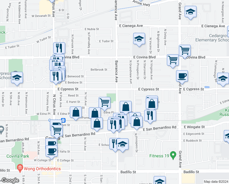 map of restaurants, bars, coffee shops, grocery stores, and more near 815 Barranca Avenue in Covina