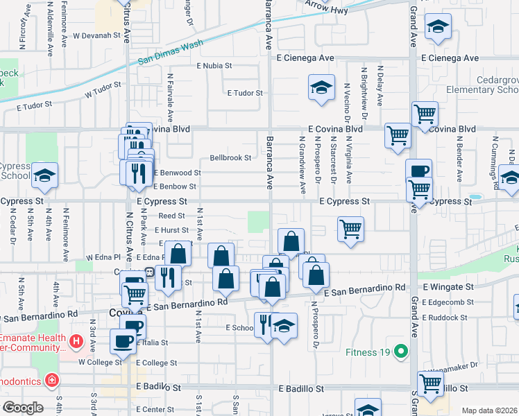 map of restaurants, bars, coffee shops, grocery stores, and more near 815 Barranca Avenue in Covina