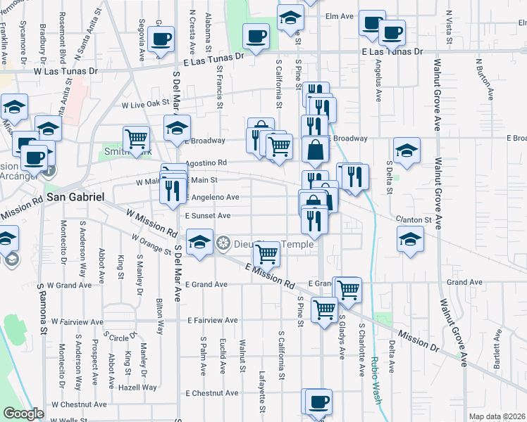 map of restaurants, bars, coffee shops, grocery stores, and more near 500 East Sunset Avenue in San Gabriel